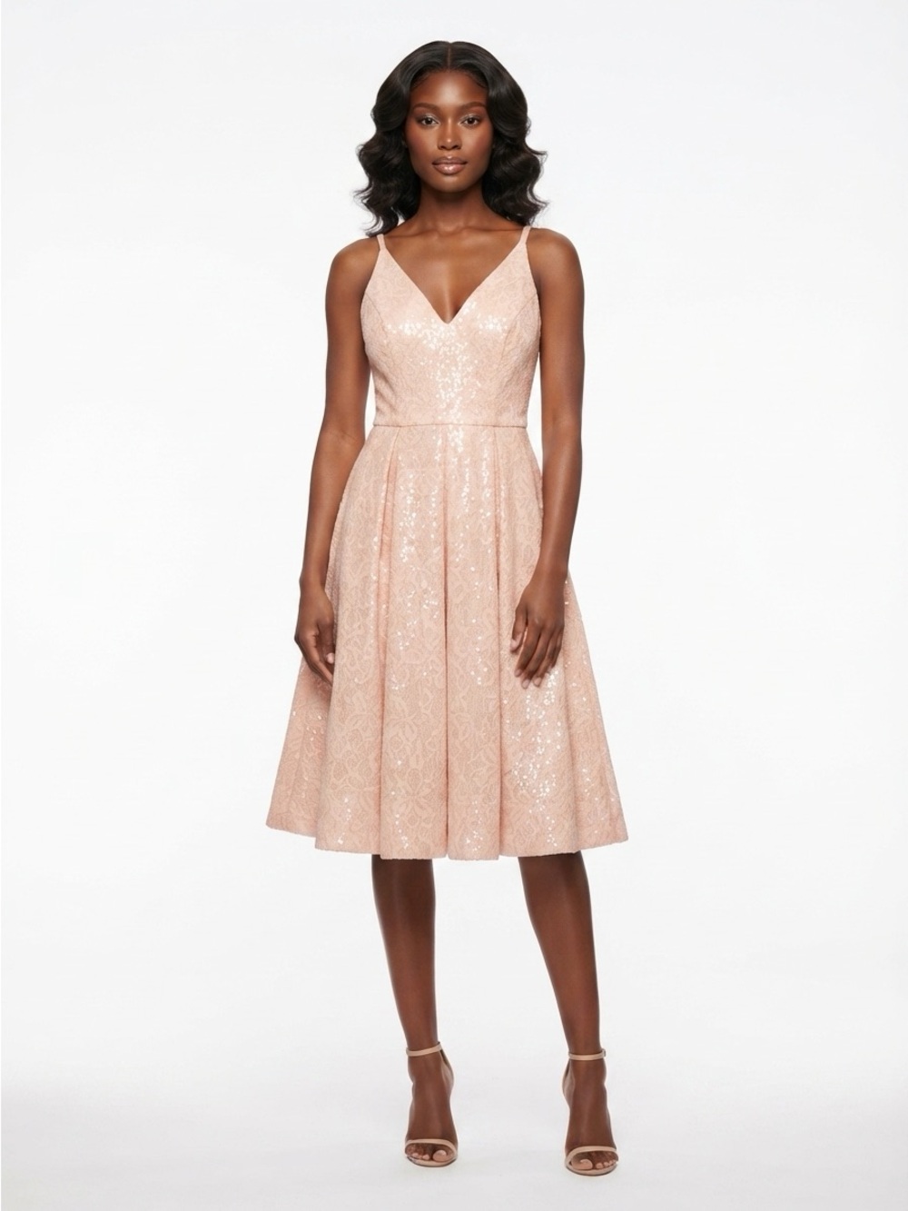 Dress the Population Fit Flare Dress Sleeveless V-Neck Sequin Blush Pink XS